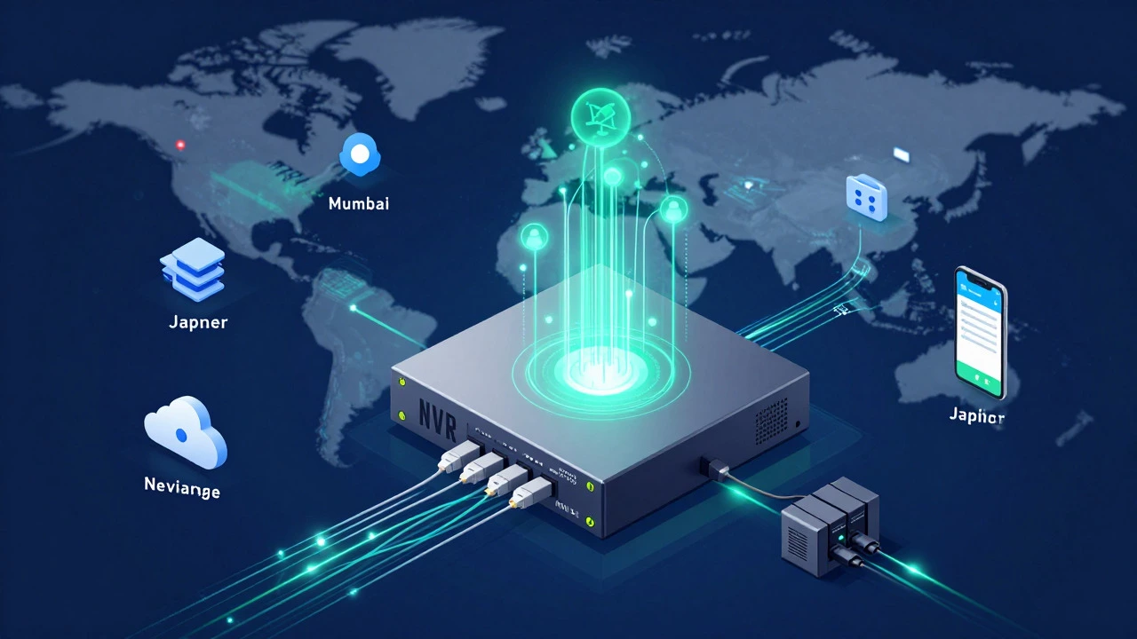 Conceptual graphic of NVR system with cloud and mobile connectivity