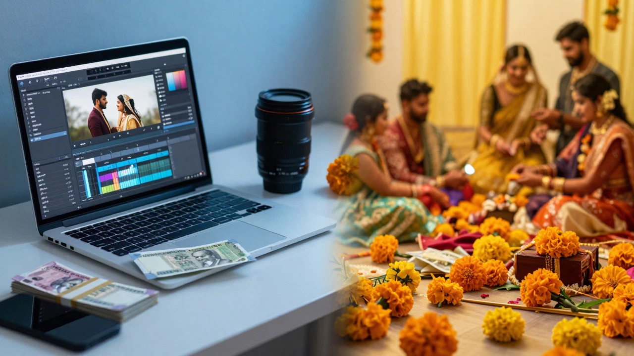 Conceptual split image showing photography business finances and wedding chaos