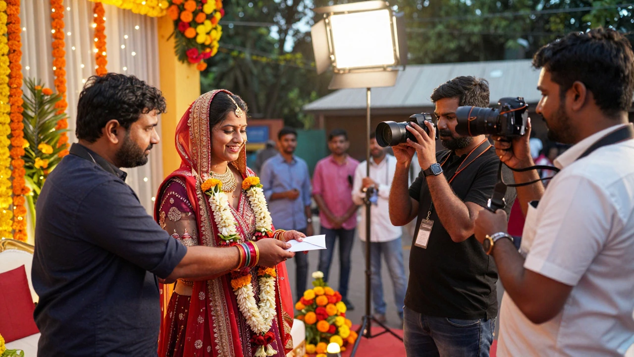 Couple giving a tip envelope to a wedding photographer
