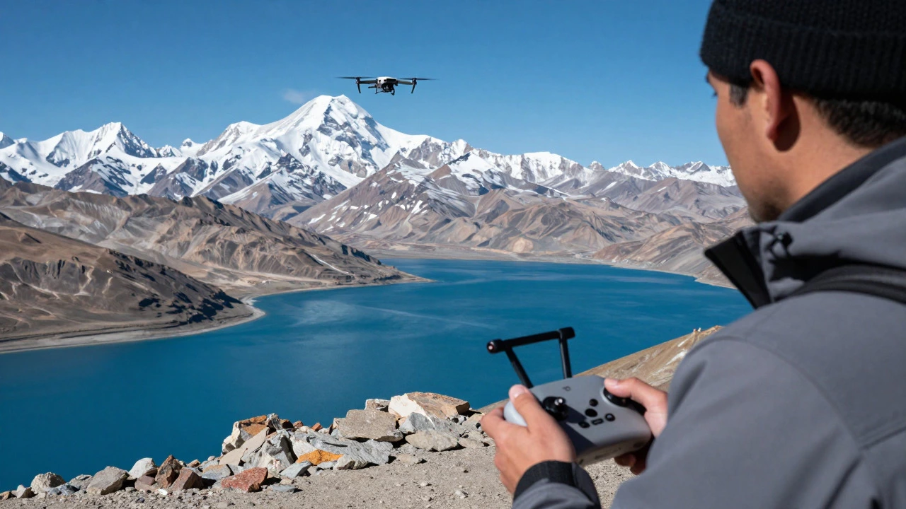 Drone pilot operating equipment on a mountain peak in Ladakh