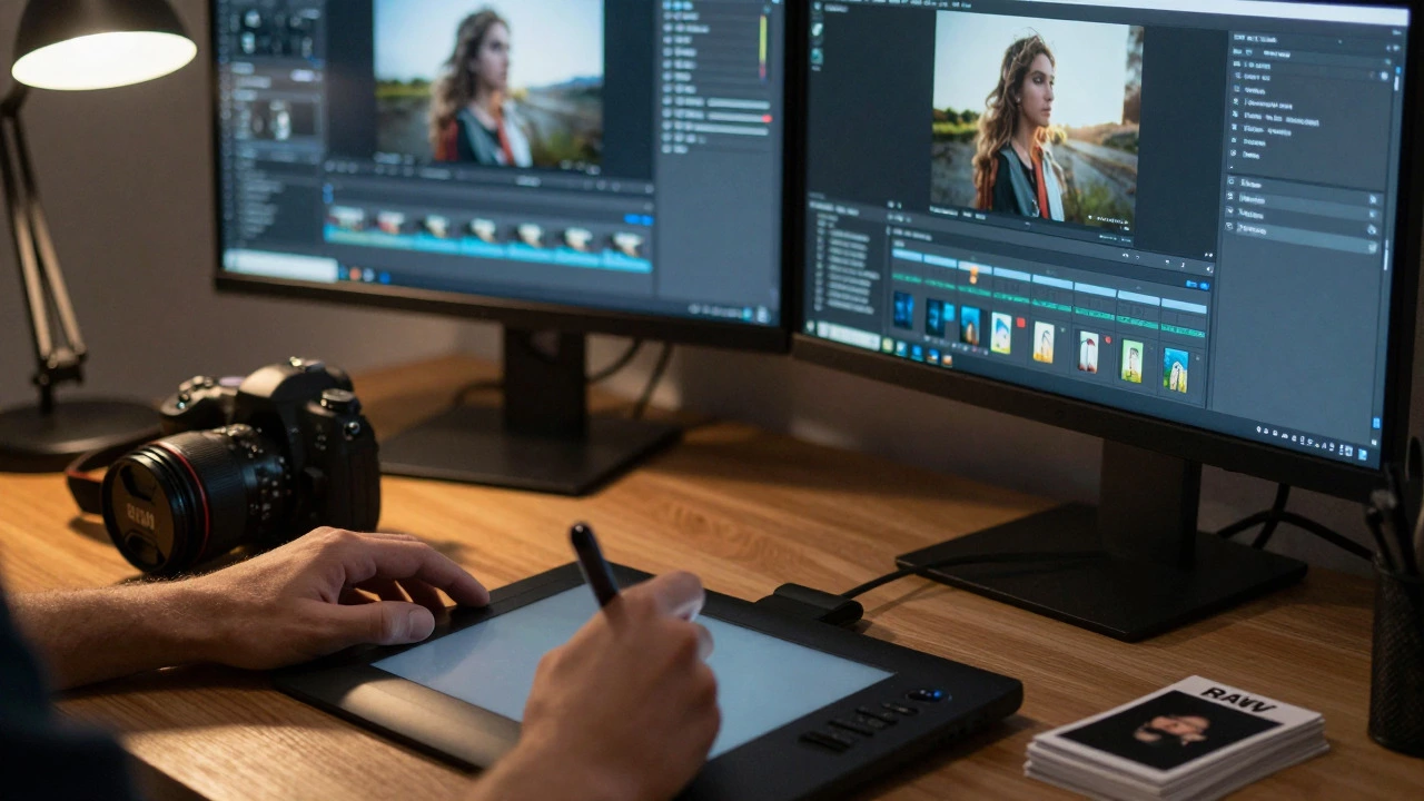 Hand using a stylus on a graphics tablet next to a DSLR camera at a desk