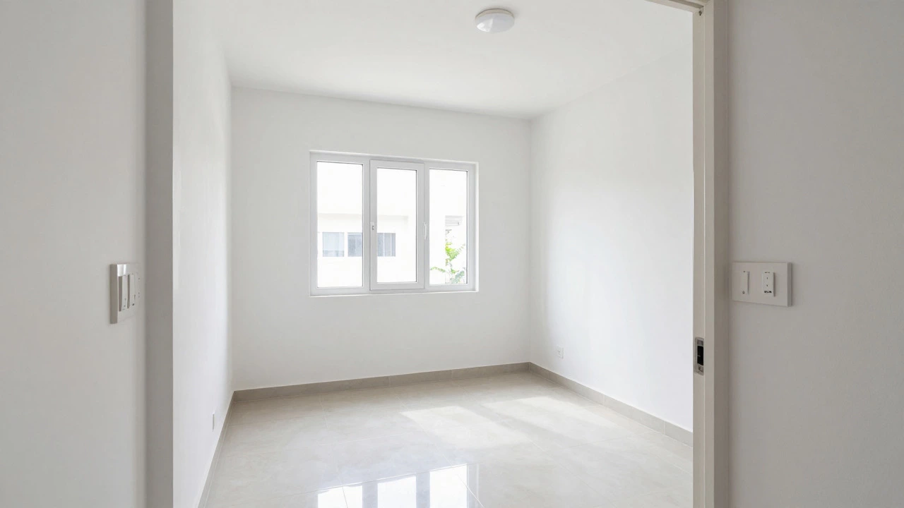 Interior of a finished small room in India with white walls, vitrified tiles, and natural light.