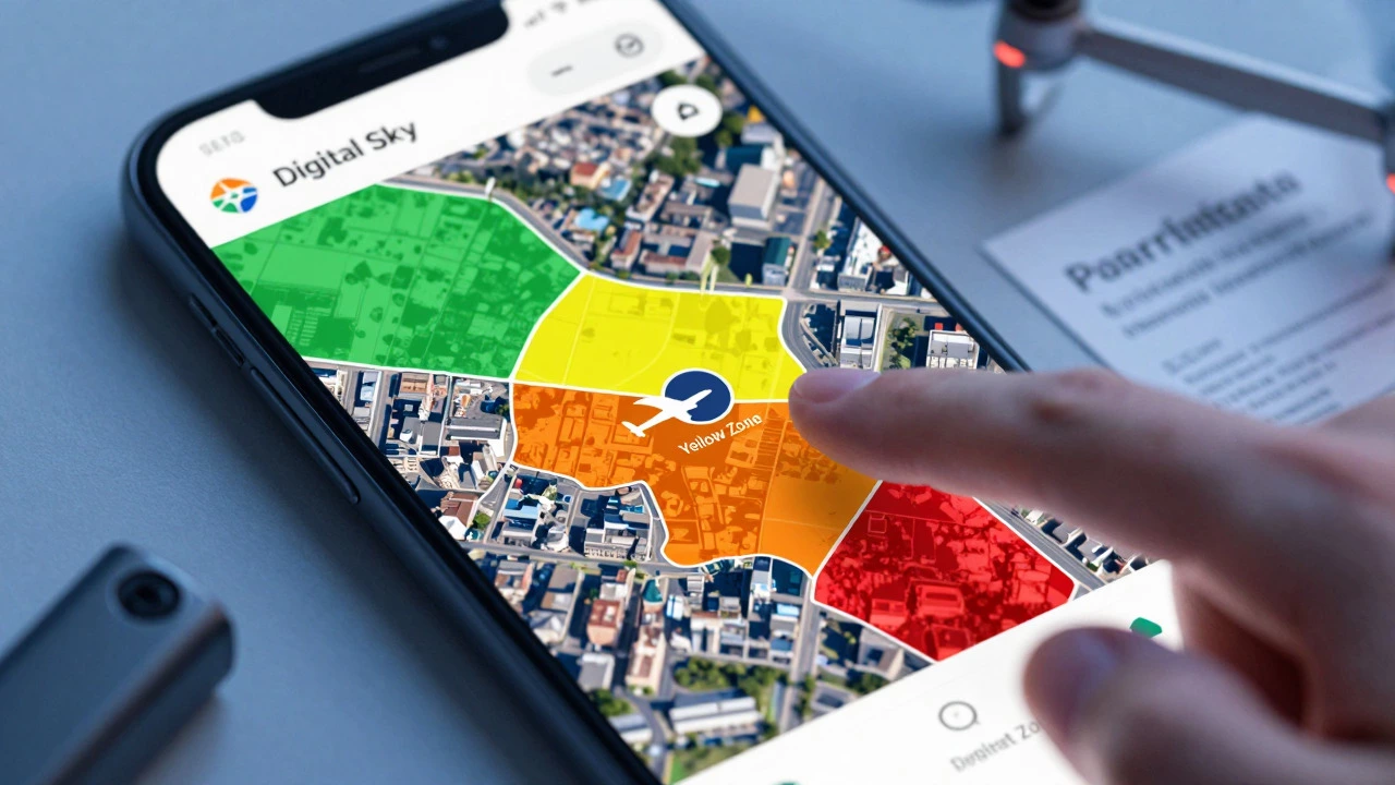 Smartphone showing drone no-fly zone map with colored areas