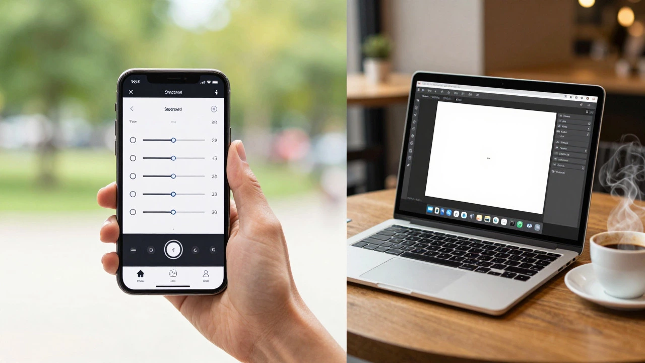 Split view of a phone editing app outdoors and a laptop browser editor indoors