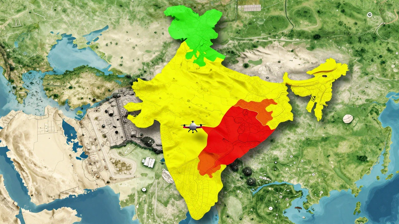 Stylized aerial view showing color-coded drone flight zones over a landscape