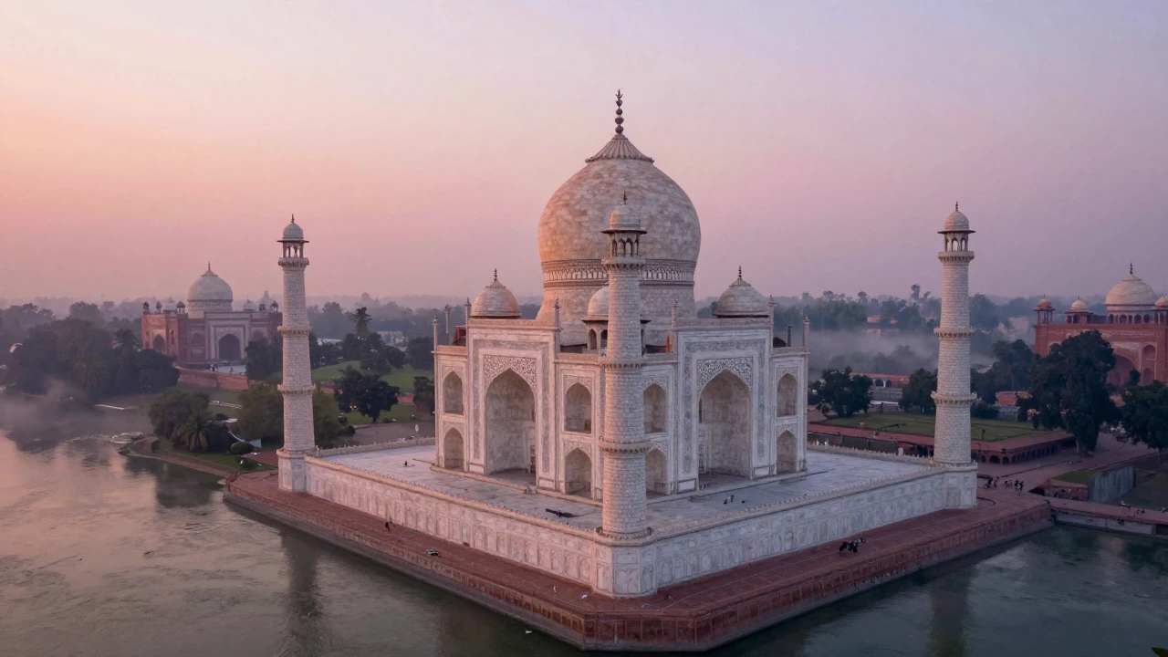 Sunrise aerial view of Taj Mahal and Yamuna River