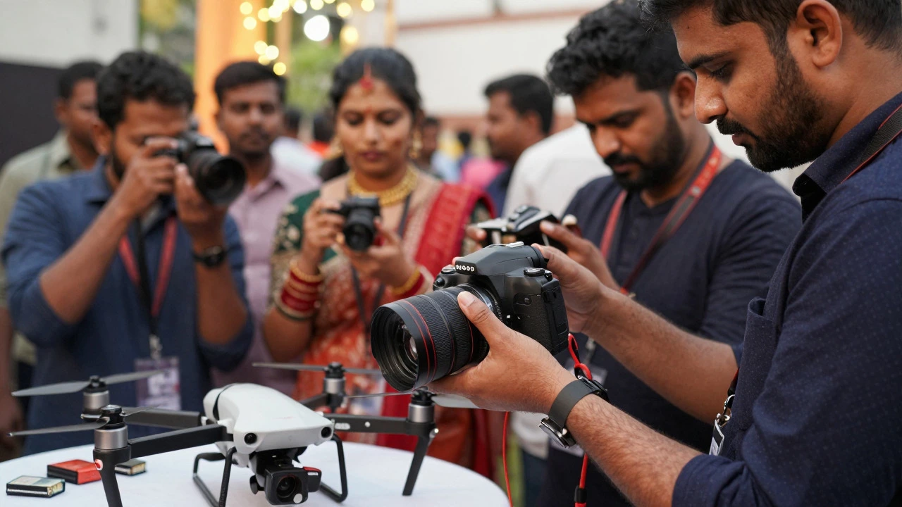 Team of photographers using drones and gear at an Indian wedding