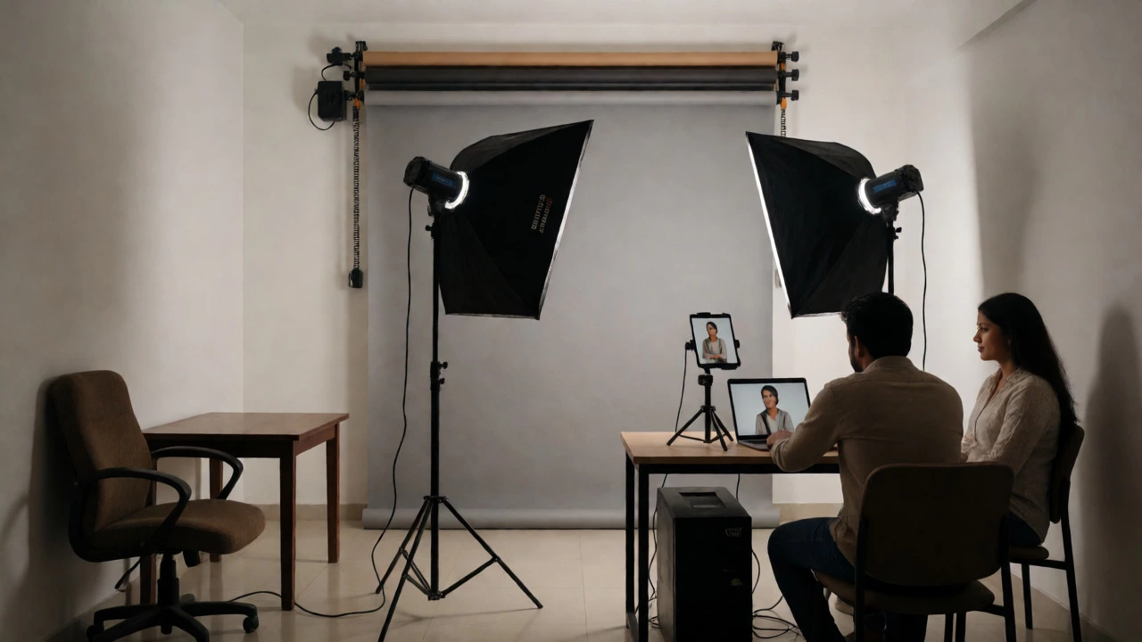 A semi-professional photo studio with white walls, strobe lights, and a photographer reviewing shots on a laptop.