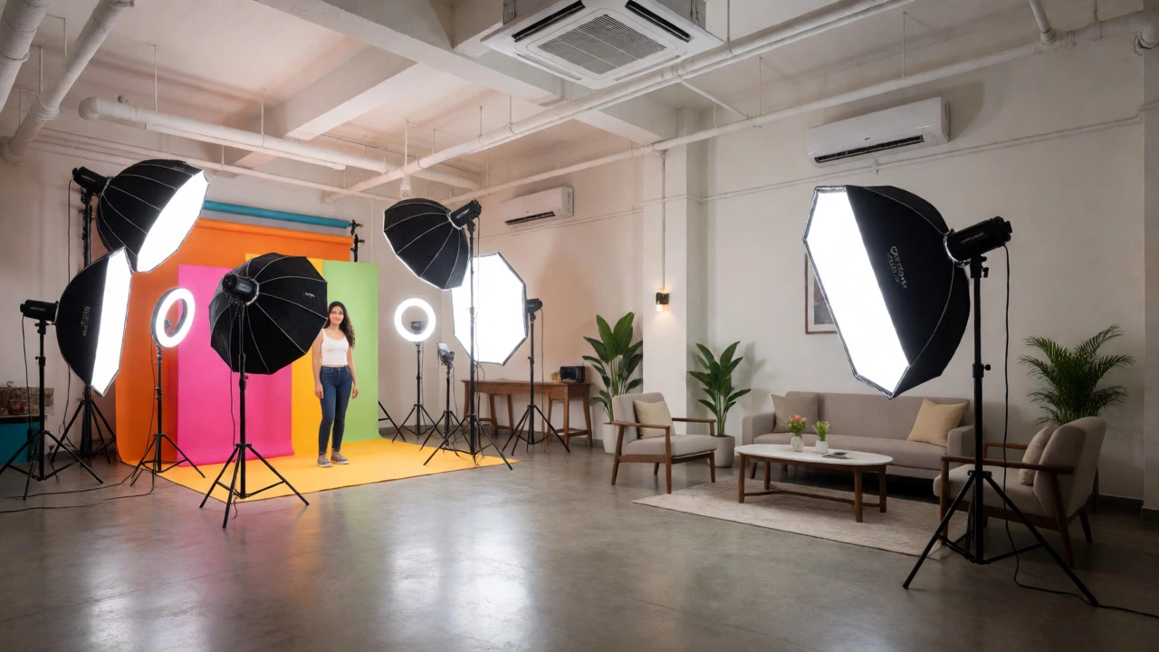 A spacious, high-end commercial photography studio in India with advanced lighting rigs and a comfortable client waiting area.