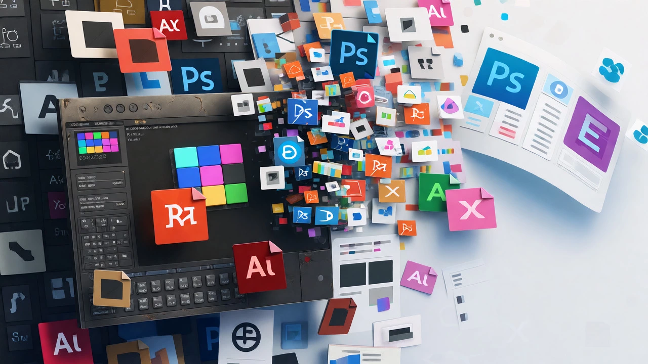 Artistic concept of Photoshop layers transforming into free open-source editing tools.
