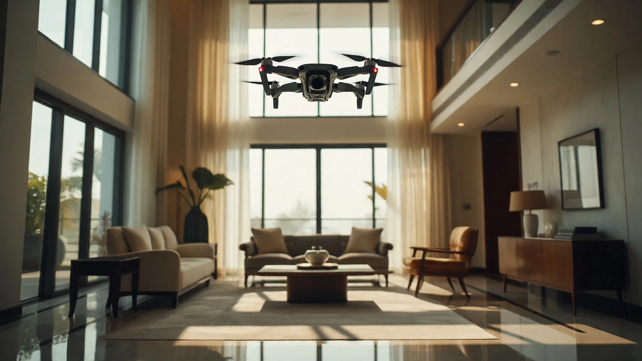 Bright modern apartment interior with a drone hovering for real estate shots