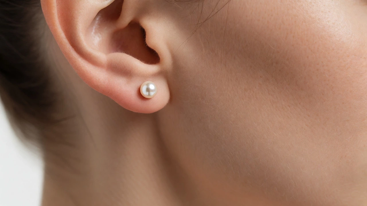 Close-up of an ear with a small pearl stud earring showing clear jawline visibility.