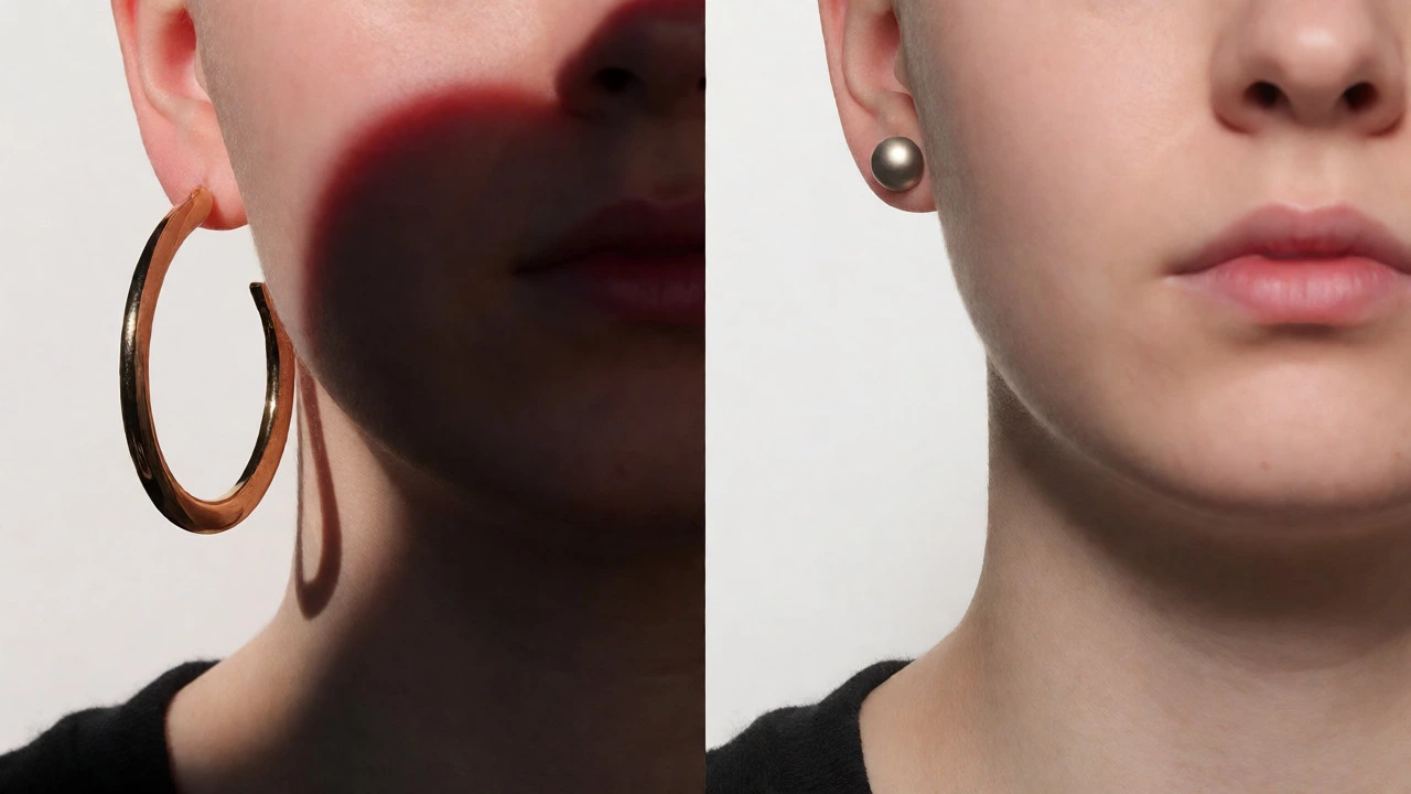 Comparison of large hoops causing shadows versus small studs in a passport photo setting.
