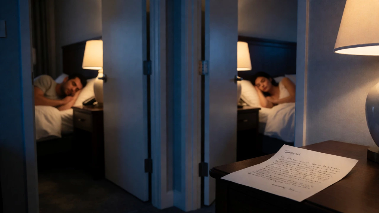 Couple sleeping in adjacent rooms with a handwritten note on the nightstand, ensuring rest before the wedding.