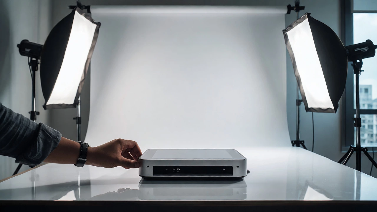 Minimalist product photography studio setup with professional lighting equipment