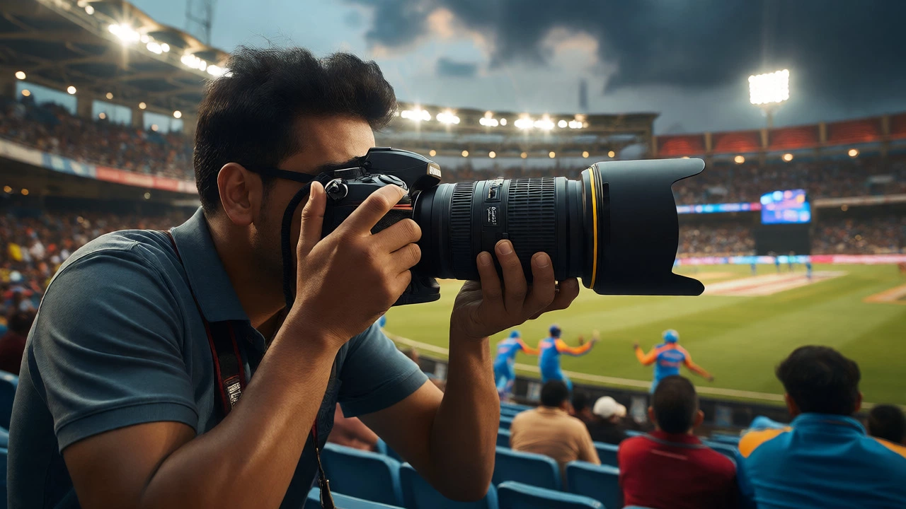 Photographer using a rugged Nikon DSLR at a cricket match