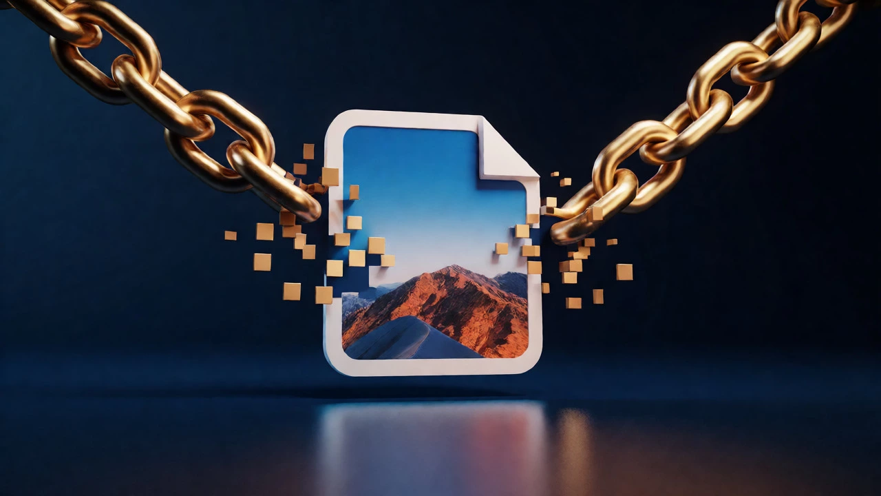 3D render of a photo breaking free from golden subscription chains