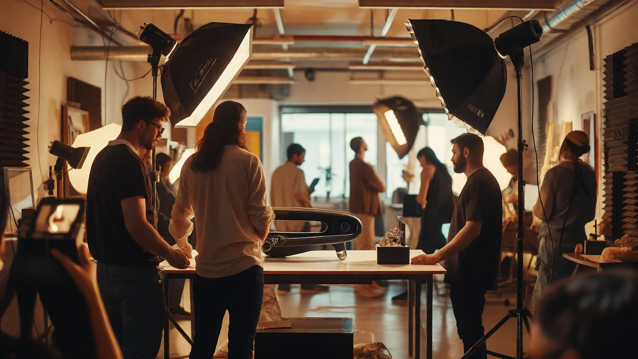 Busy hybrid studio with team shooting products while others wait