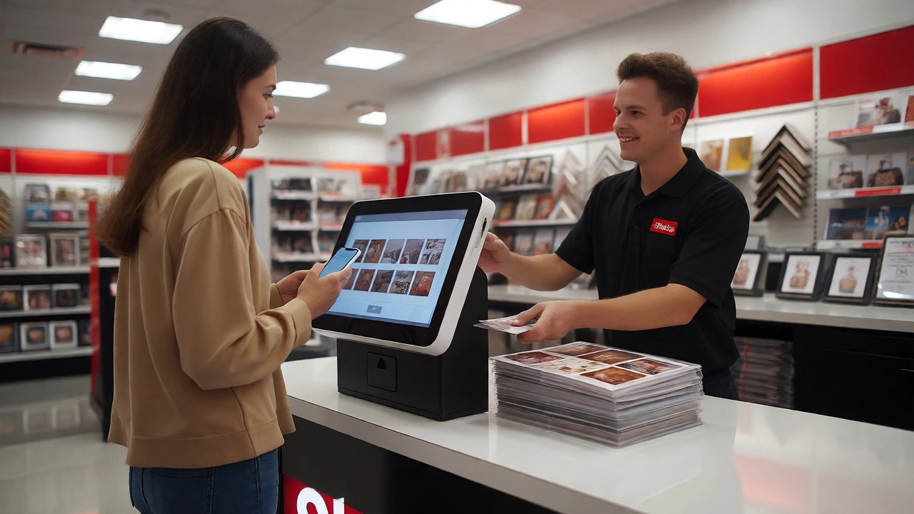Customer using a Staples photo kiosk while receiving printed photos.