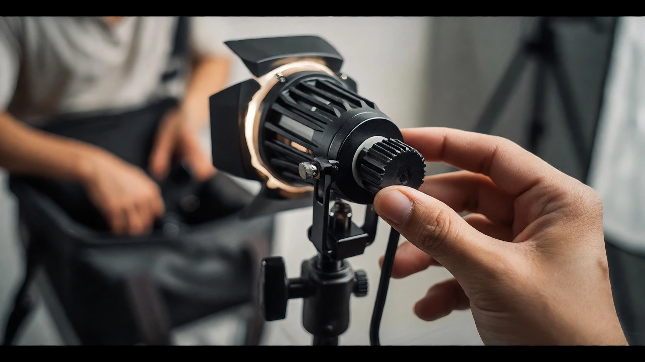 Freelancer adjusting LED panel light in a basic studio rental