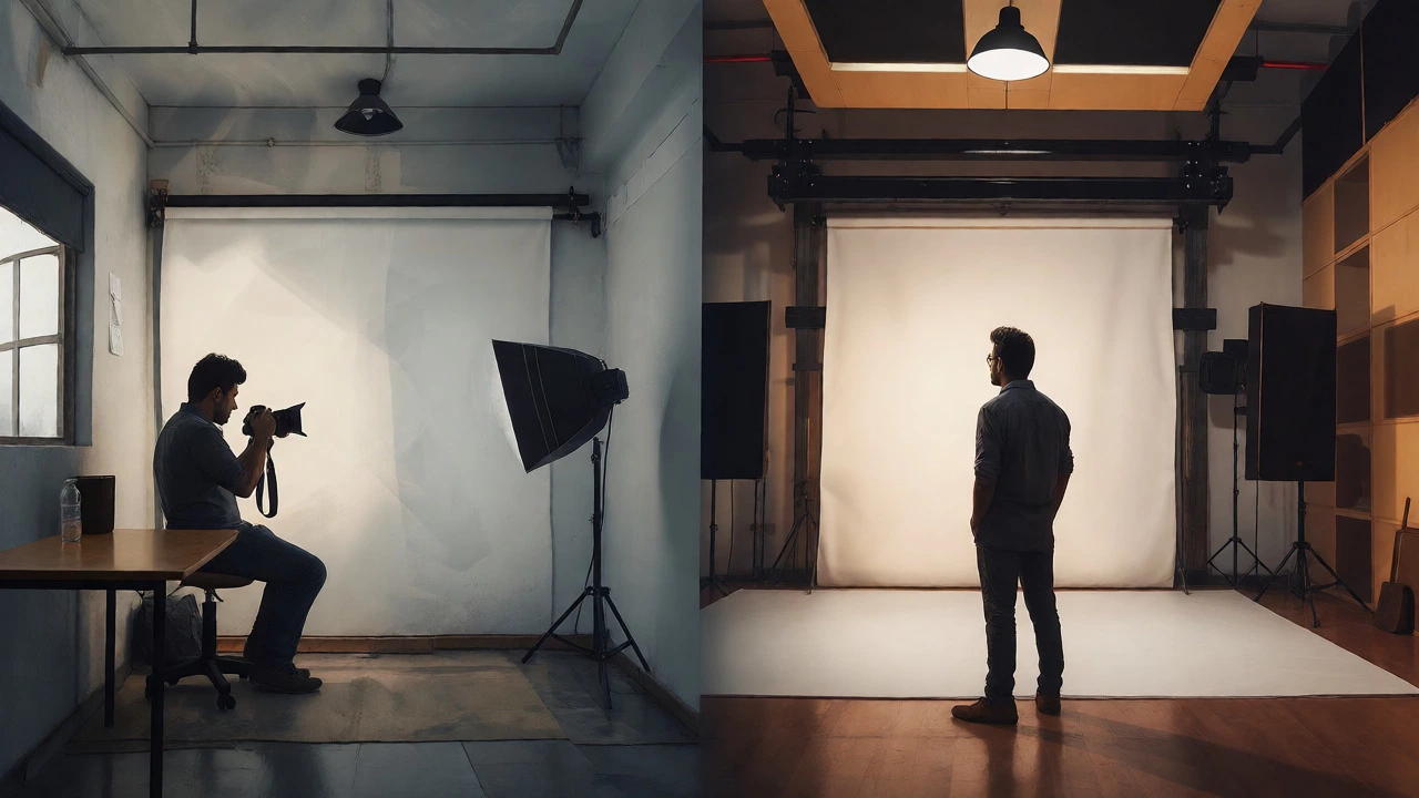 Split view comparing small rented workspace vs large owned studio